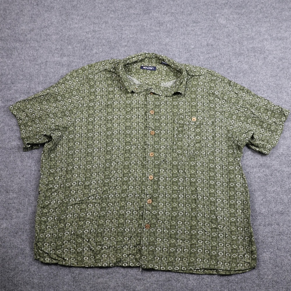 Puritan Shirt Mens 2XL Green Rayon Short Sleeve Button Front Geometric Print